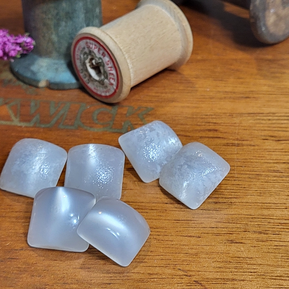Vintage Lot of White Square Domed Sugared Plastic Shank Sewing Buttons ~ 6 Piece